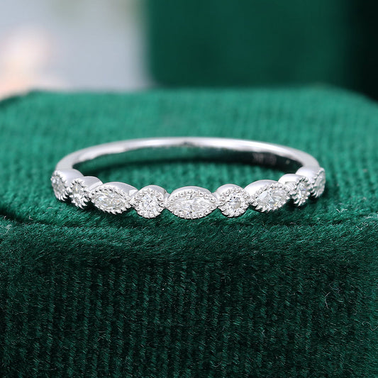 0.027 CT Marquise & Round Moissanite Milgrain Style Wedding Band - farrellouise