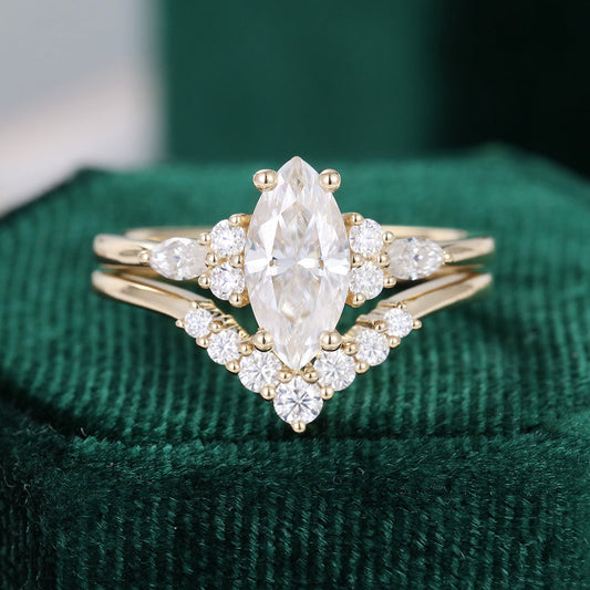 0.90 CT Marquise Moissanite Cluster Bridal Ring Set - farrellouise