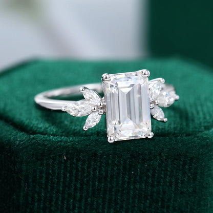 2.0 CT Emerald Shaped Moissanite Cluster Engagement Ring - farrellouise