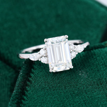 2.0 CT Emerald Shaped Moissanite Cluster Engagement Ring - farrellouise