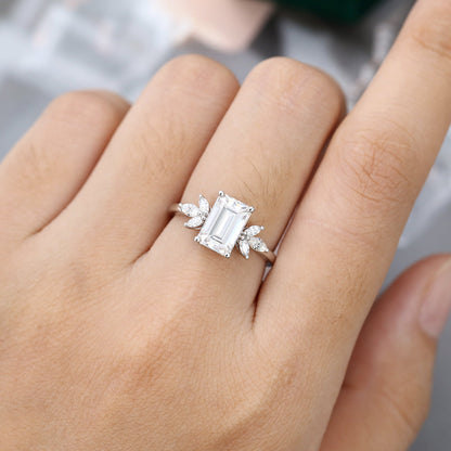 2.0 CT Emerald Shaped Moissanite Cluster Engagement Ring - farrellouise