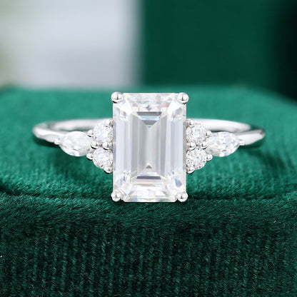2.0 CT Emerald Shaped Moissanite Cluster Engagement Ring - farrellouise