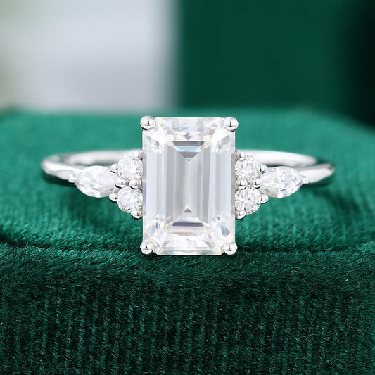 2.0 CT Emerald Shaped Moissanite Cluster Engagement Ring - farrellouise