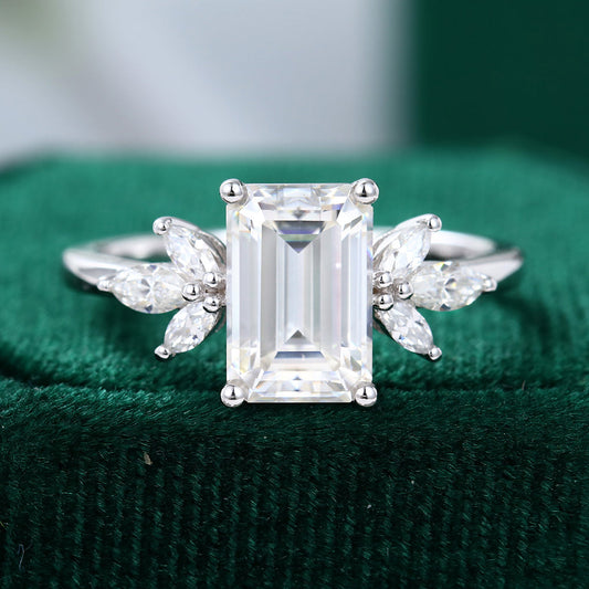 2.0 CT Emerald Shaped Moissanite Cluster Engagement Ring - farrellouise