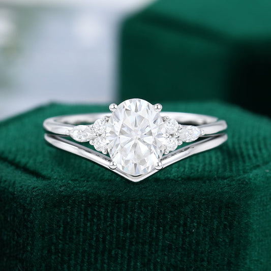 1.91 CT Oval Moissanite Cluster Bridal Ring Set - farrellouise