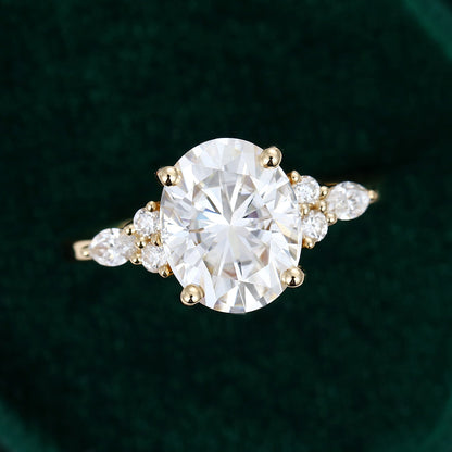 3.0 CT Oval Shaped Moissanite Cluster Engagement Ring - farrellouise