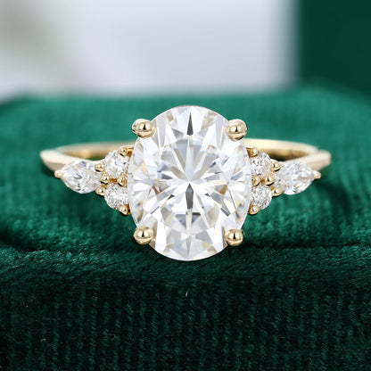 3.0 CT Oval Shaped Moissanite Cluster Engagement Ring - farrellouise
