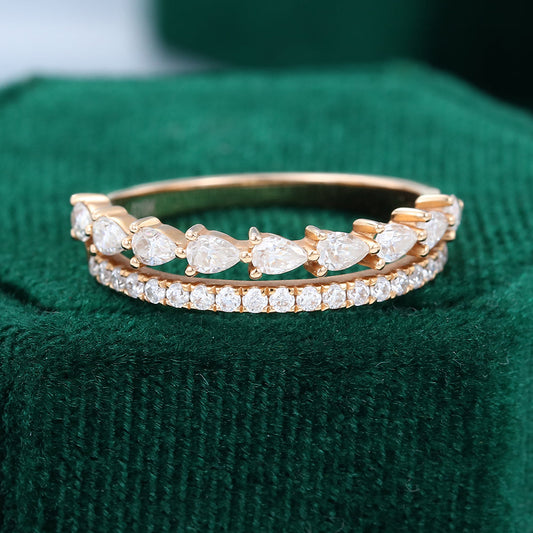 0.63 CT Pear & Round Moissanite Unquie Double Band Setting Wedding Band - farrellouise