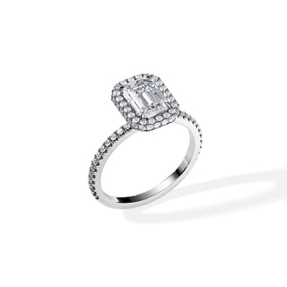 1.75 CT Emerald Cut Moissanite Double Halo & Pave Engagement Ring