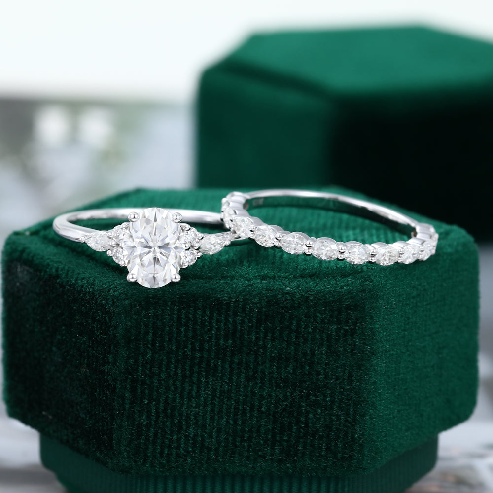 1.33 CT Oval Moissanite Cluster Bridal Ring Set - farrellouise