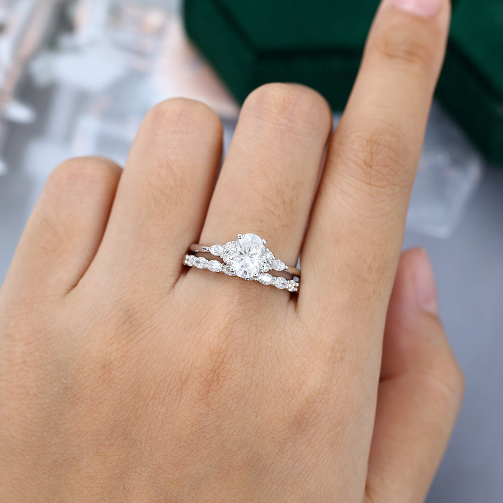 1.33 CT Oval Moissanite Cluster Bridal Ring Set - farrellouise