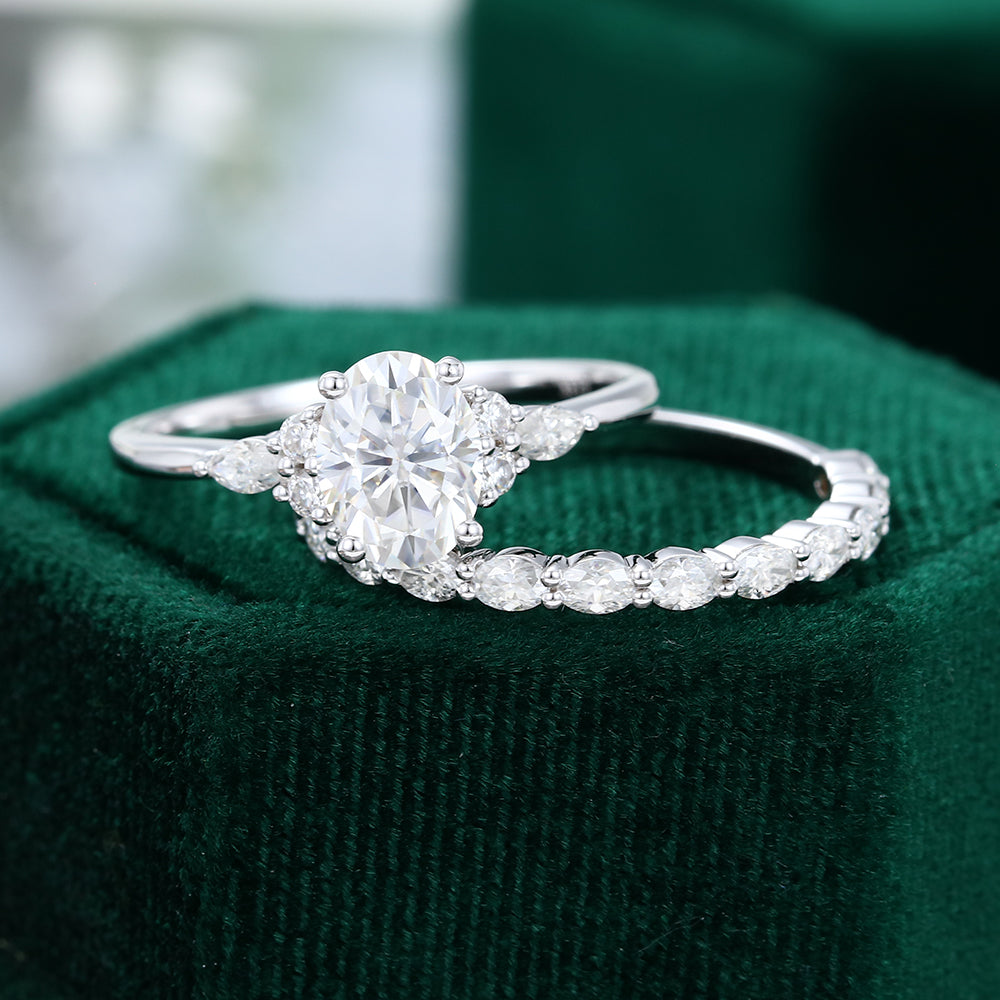 1.33 CT Oval Moissanite Cluster Bridal Ring Set - farrellouise