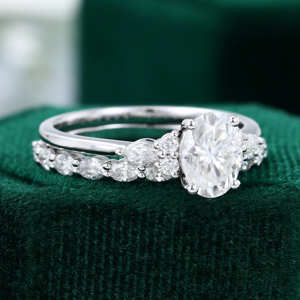1.33 CT Oval Moissanite Cluster Bridal Ring Set - farrellouise