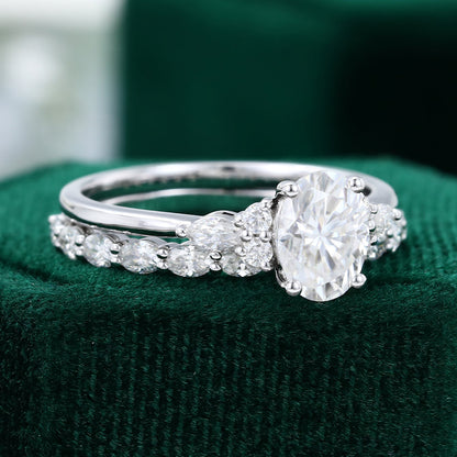 1.33 CT Oval Moissanite Cluster Bridal Ring Set - farrellouise