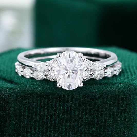 1.33 CT Oval Moissanite Cluster Bridal Ring Set - farrellouise