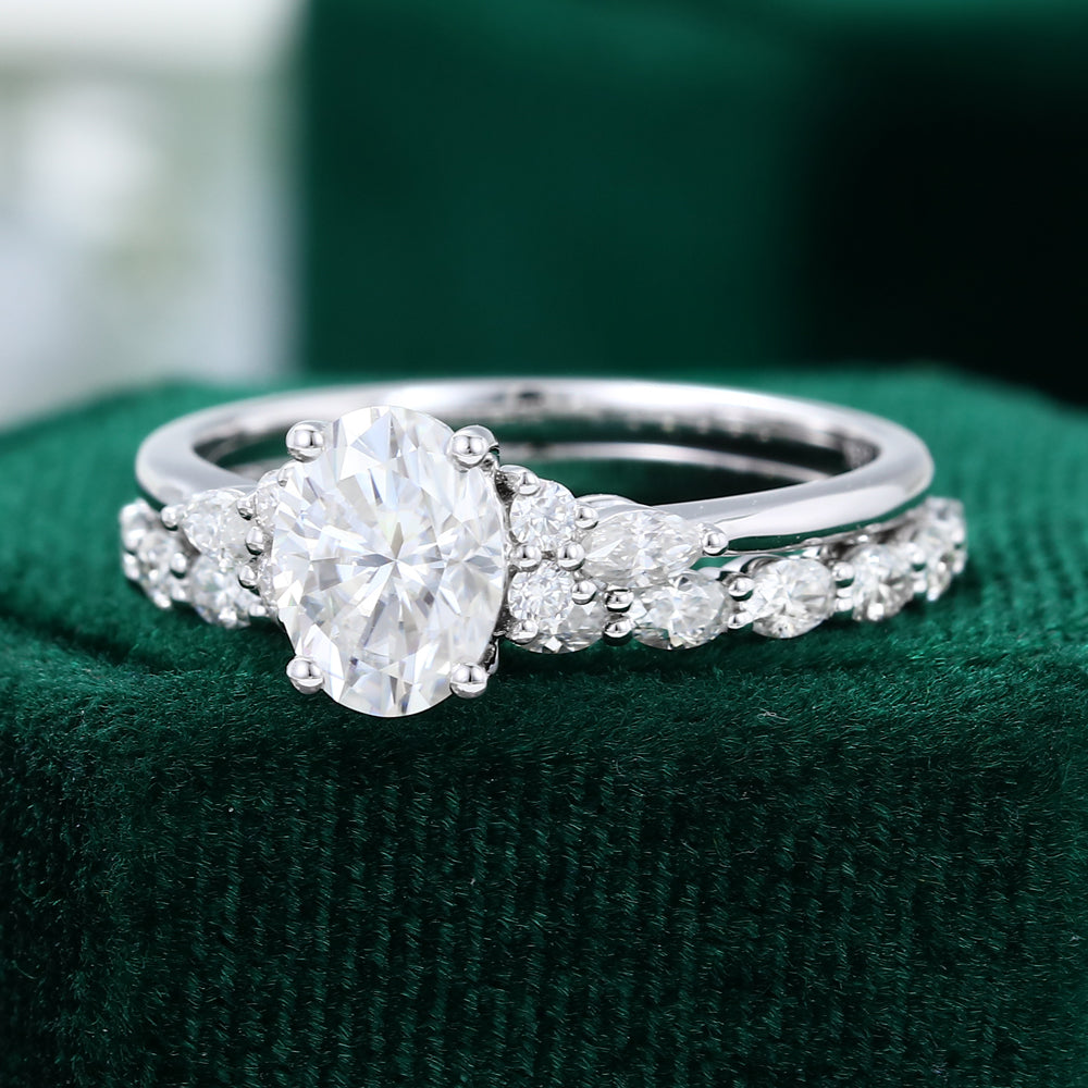 1.33 CT Oval Moissanite Cluster Bridal Ring Set - farrellouise