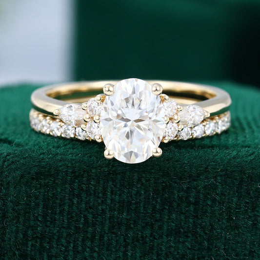 1.33 CT Oval Moissanite Cluster Bridal Ring Set - farrellouise