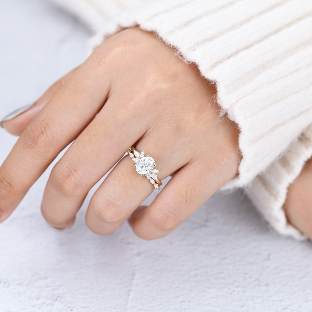 1.33 CT Oval Moissanite Cluster Bridal Ring Set - farrellouise