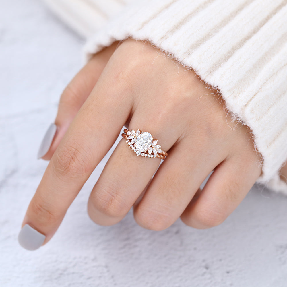 1.33 CT Oval Moissanite Cluster Bridal Ring Set - farrellouise