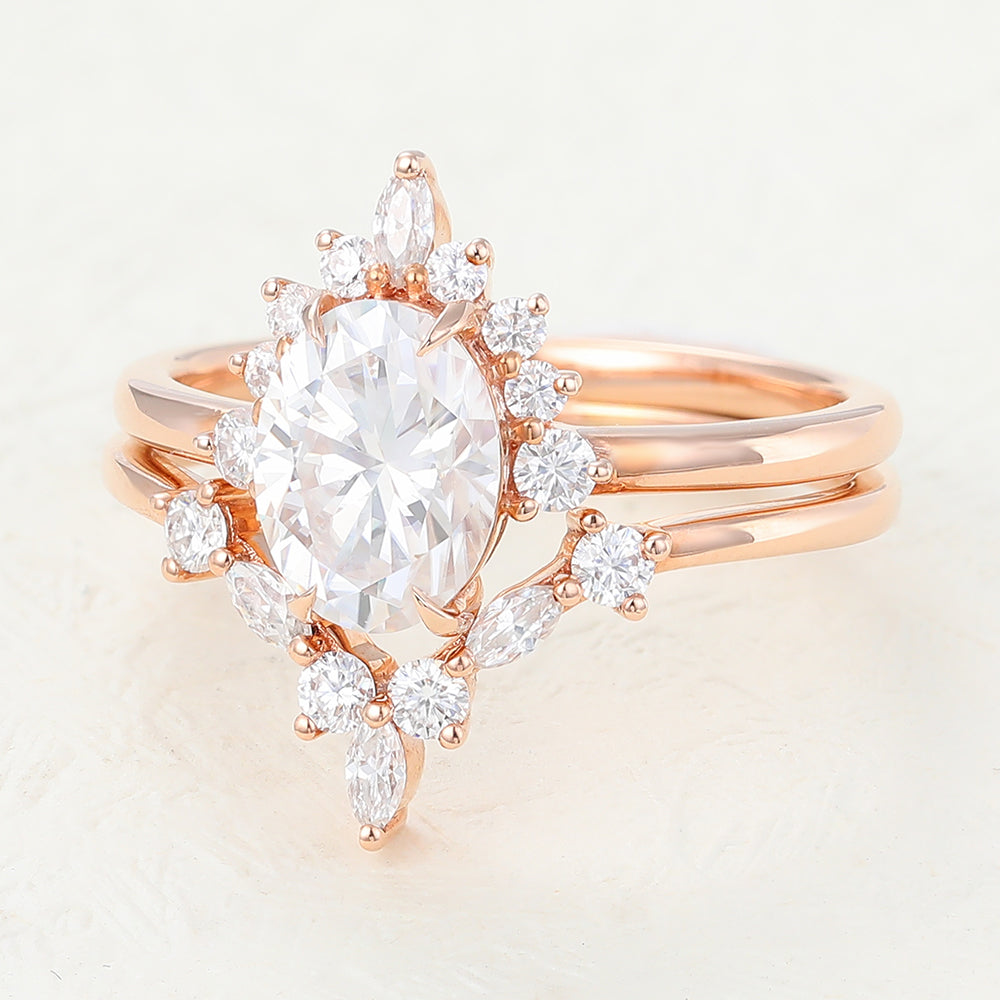 1.33 CT Oval Moissanite Cluster Bridal Ring Set - farrellouise