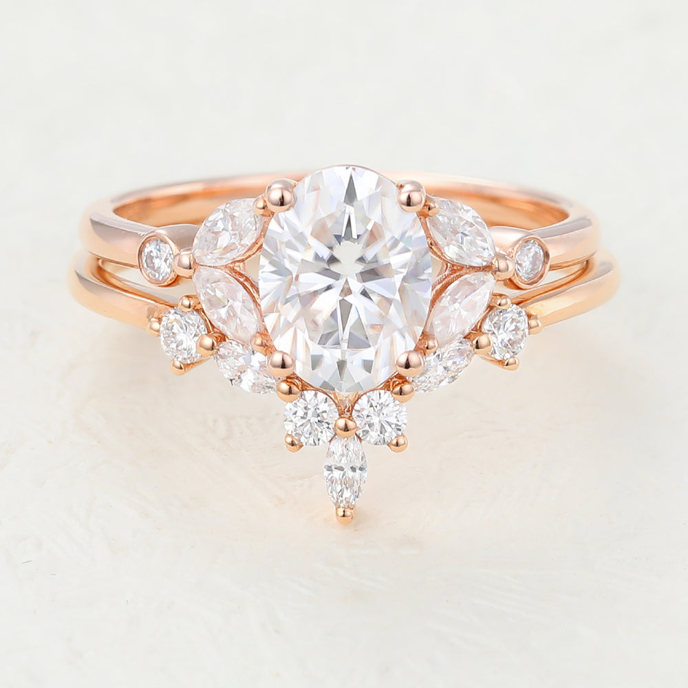 1.33 CT Oval Moissanite Cluster Bridal Ring Set - farrellouise