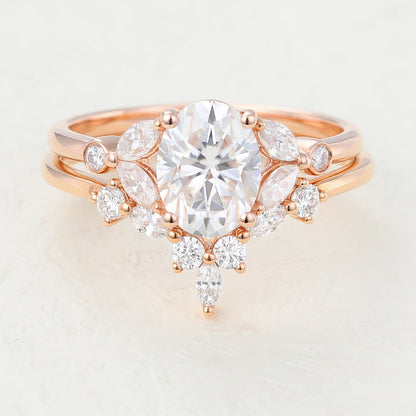 1.33 CT Oval Moissanite Cluster Bridal Ring Set - farrellouise
