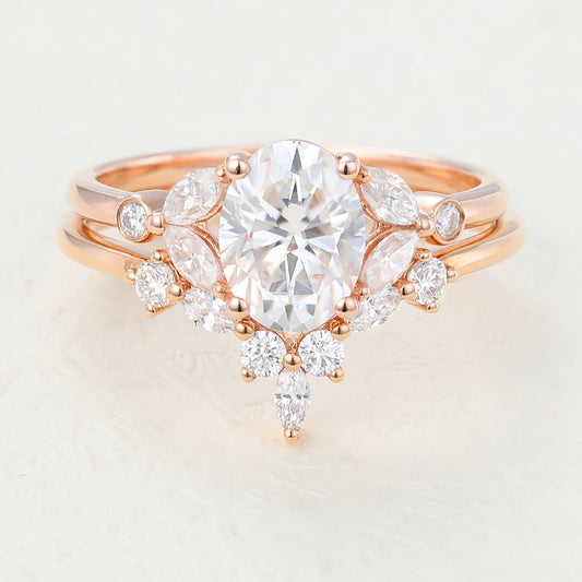 1.33 CT Oval Moissanite Cluster Bridal Ring Set - farrellouise