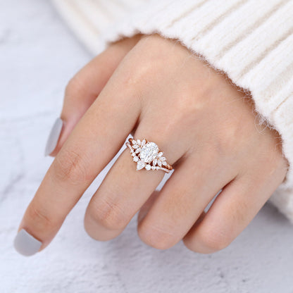 1.33 CT Oval Moissanite Cluster Bridal Ring Set - farrellouise