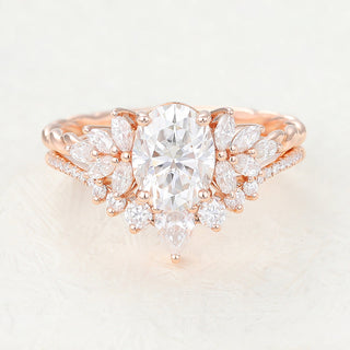 1.33 CT Oval Moissanite Cluster Bridal Ring Set - farrellouise