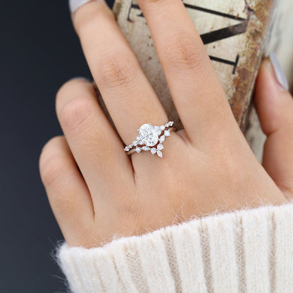 1.33 CT Oval Moissanite Cluster Bridal Ring Set - farrellouise