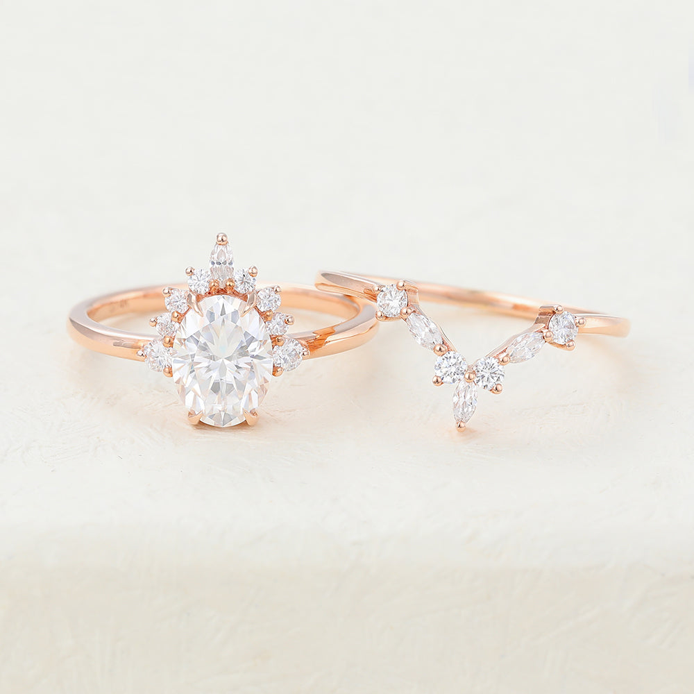 1.33 CT Oval Moissanite Cluster Bridal Ring Set - farrellouise