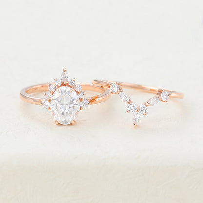 1.33 CT Oval Moissanite Cluster Bridal Ring Set - farrellouise