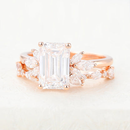 1.89 CT Emerald Moissanite Cluster Bridal Ring Set - farrellouise