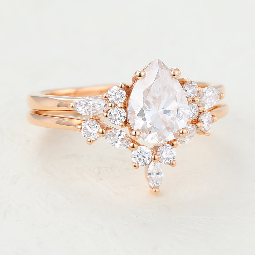 1.20 CT Pear Moissanite Cluster Bridal Ring Set - farrellouise
