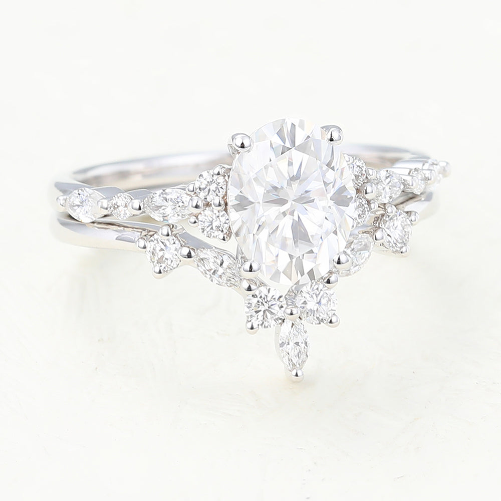 1.33 CT Oval Moissanite Cluster Bridal Ring Set - farrellouise