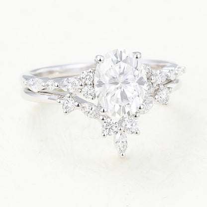 1.33 CT Oval Moissanite Cluster Bridal Ring Set - farrellouise