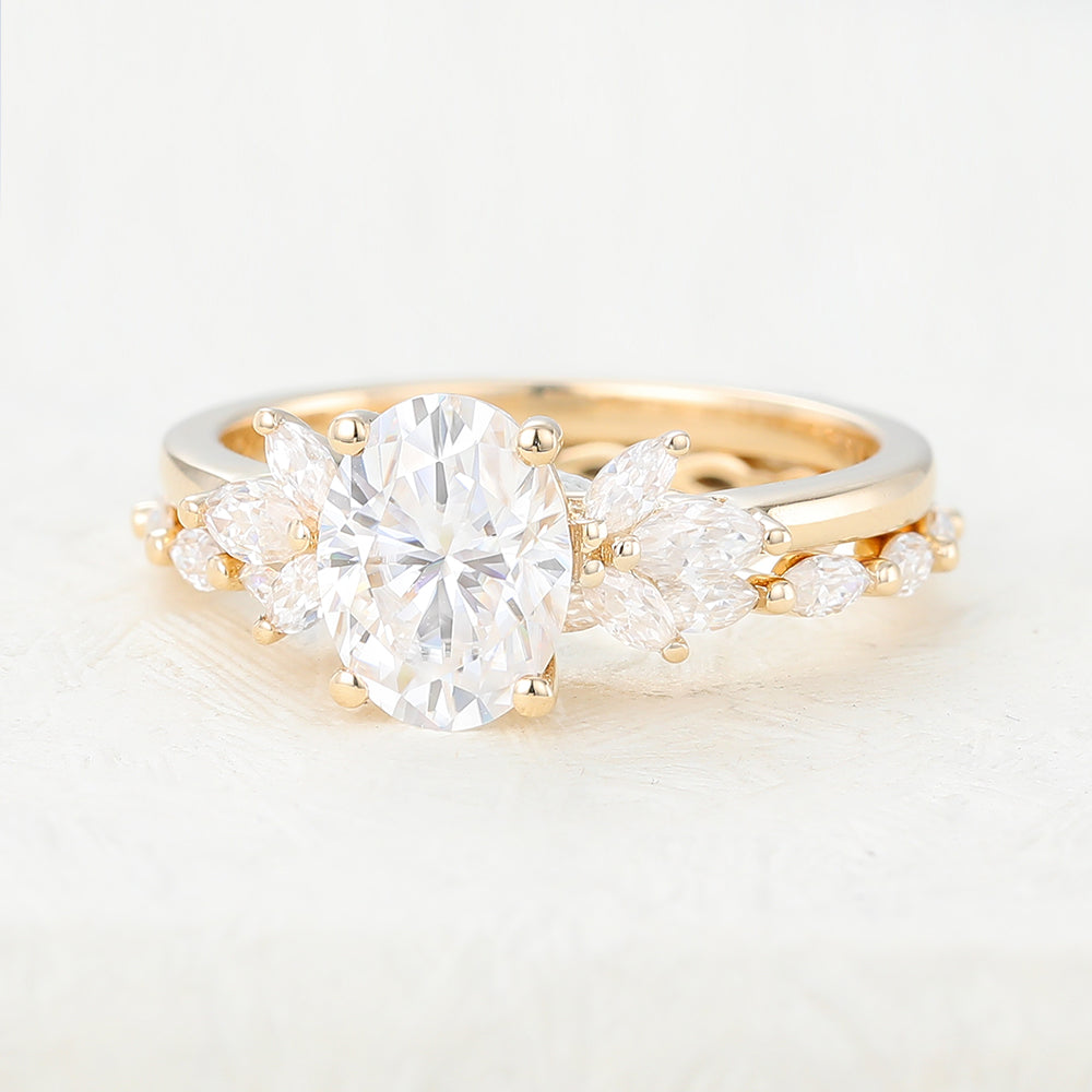 1.33 CT Oval Moissanite Cluster Bridal Ring Set - farrellouise