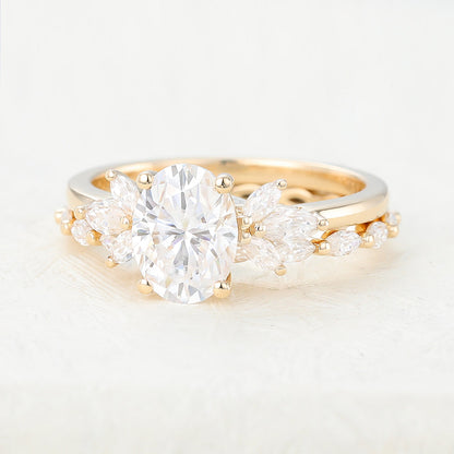 1.33 CT Oval Moissanite Cluster Bridal Ring Set - farrellouise