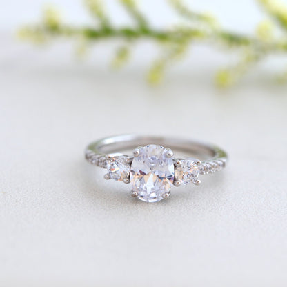1.50 CT Oval Moissanite Three Stone & Pave Setting Engagement Ring - farrellouise