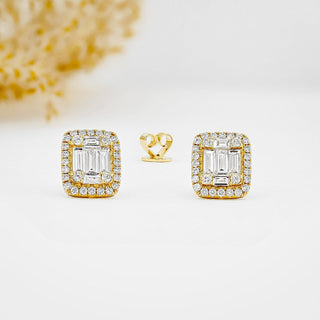 1.30 TCW Round & Baguette Moissanite Diamond Halo Stud Earrings - farrellouise