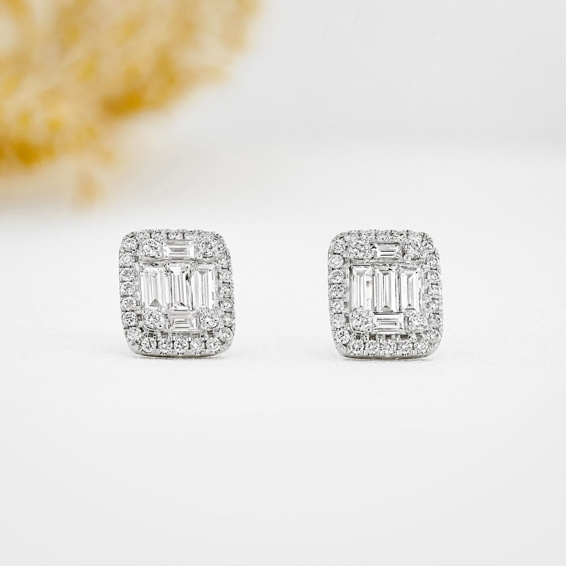 1.30 TCW Round & Baguette Moissanite Diamond Halo Stud Earrings - farrellouise
