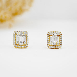 1.30 TCW Round & Baguette Moissanite Diamond Halo Stud Earrings - farrellouise