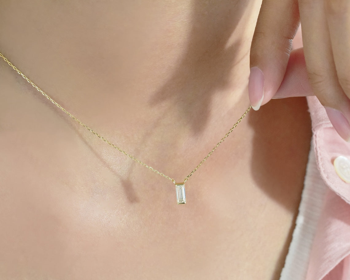 0.10 TCW Baguette Moissanite Diamond Solitaire Necklace - farrellouise