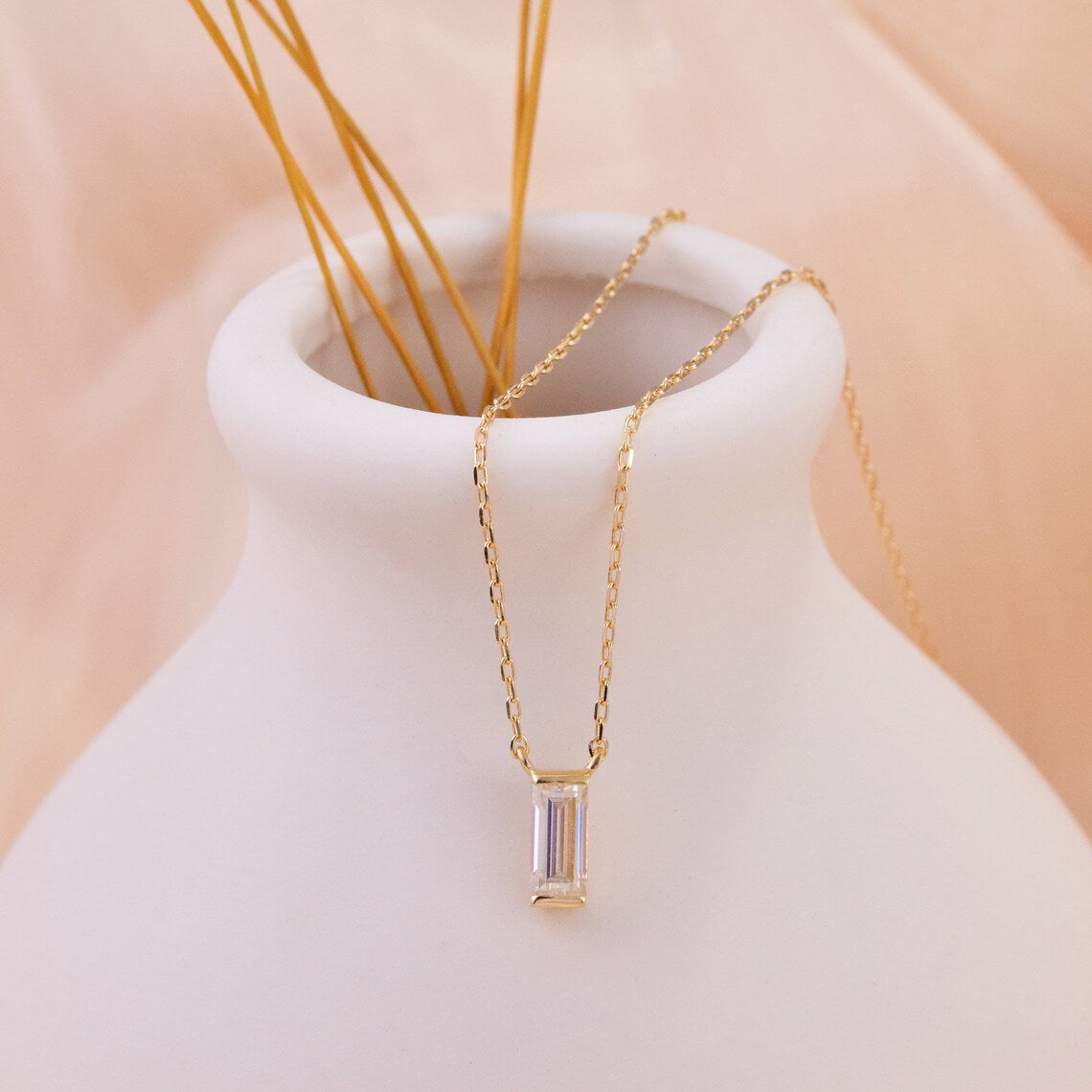 0.10 TCW Baguette Moissanite Diamond Solitaire Necklace - farrellouise
