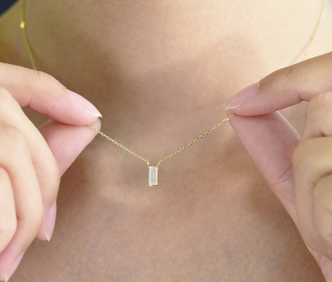 0.10 TCW Baguette Moissanite Diamond Solitaire Necklace - farrellouise