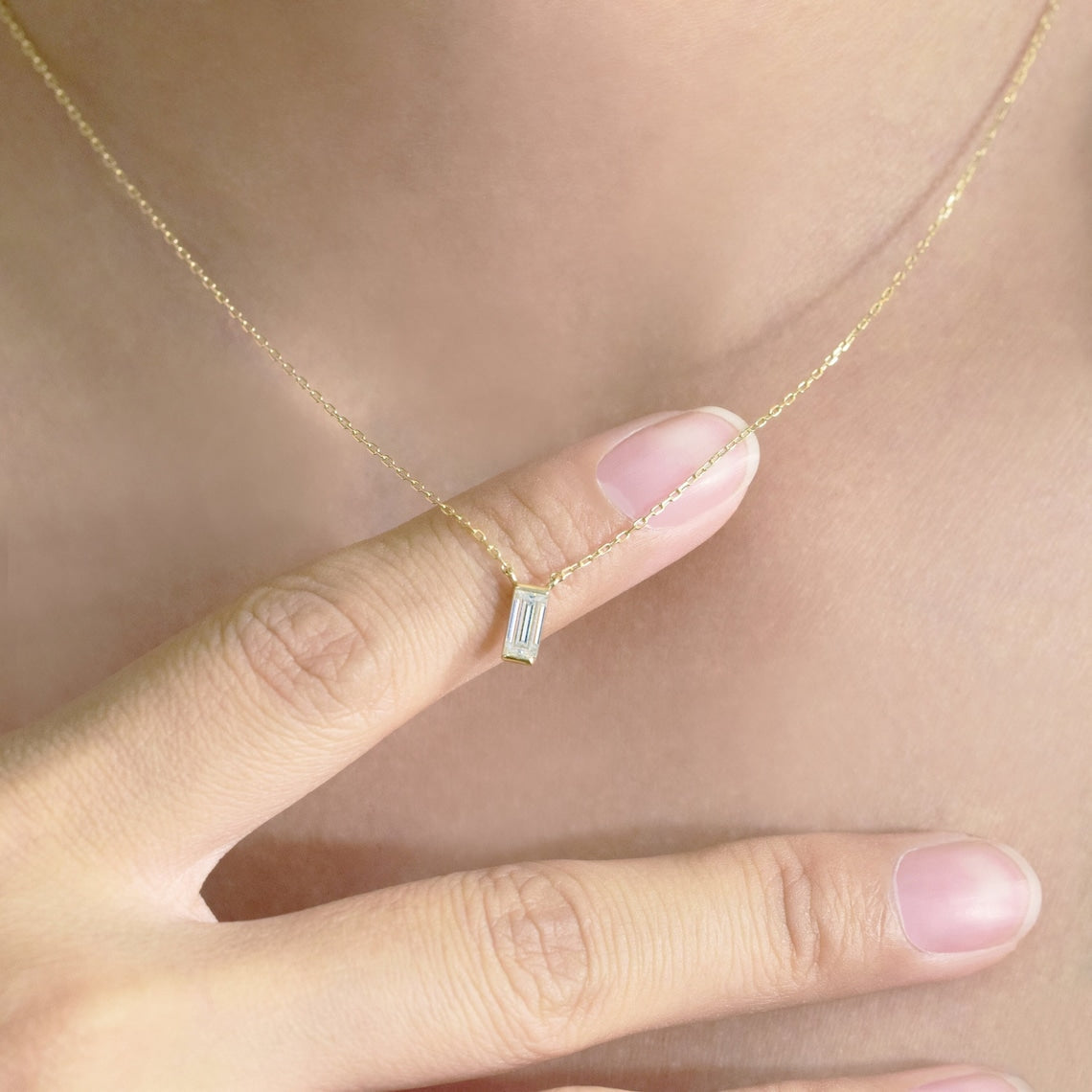 0.10 TCW Baguette Moissanite Diamond Solitaire Necklace - farrellouise