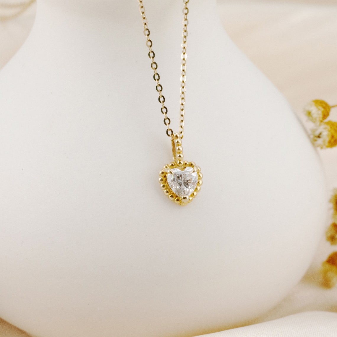 0.20 TCW Heart Moissanite Diamond Milgrain Solitaire Necklace - farrellouise