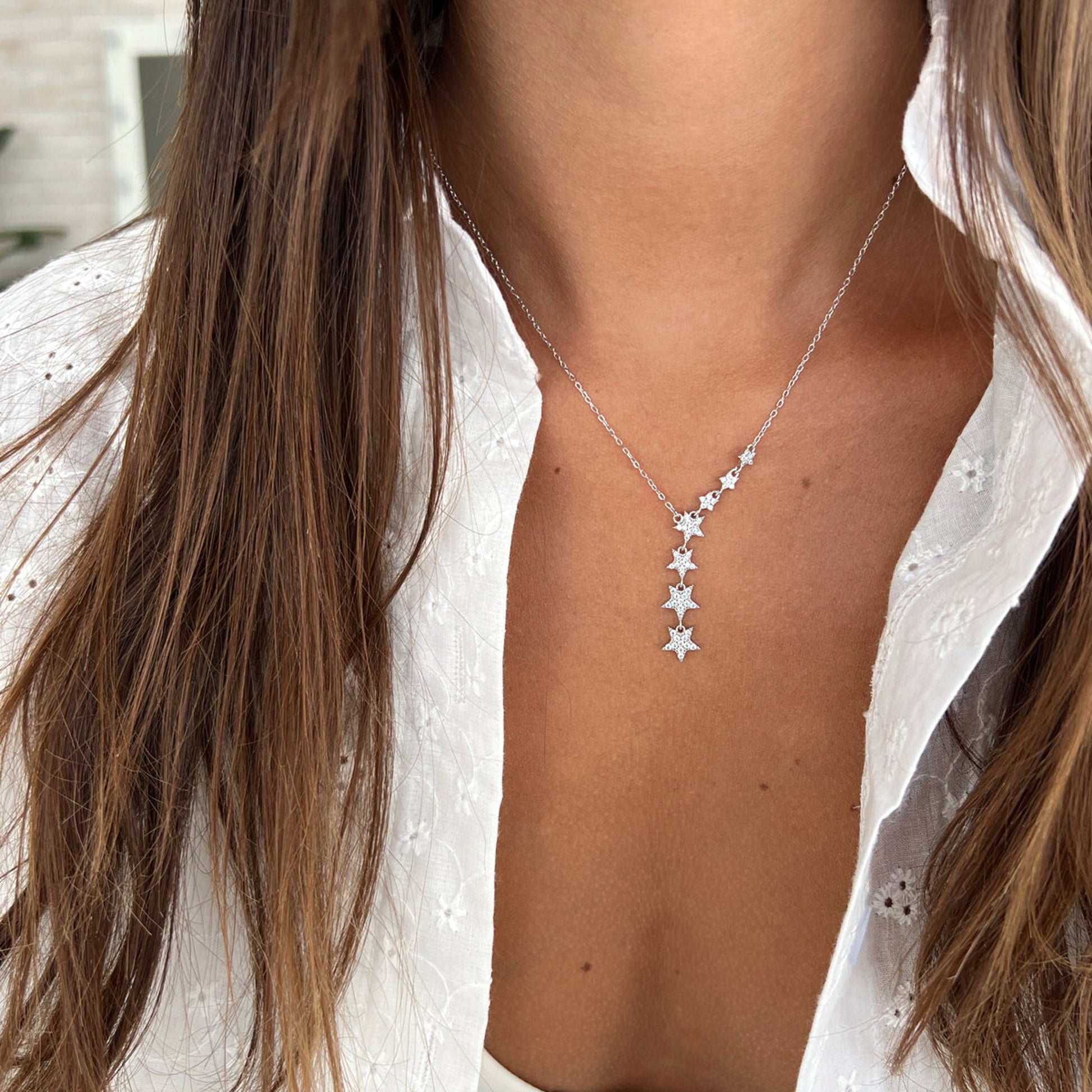 0.10 TCW Round Moissanite Star Lariat Necklace - farrellouise