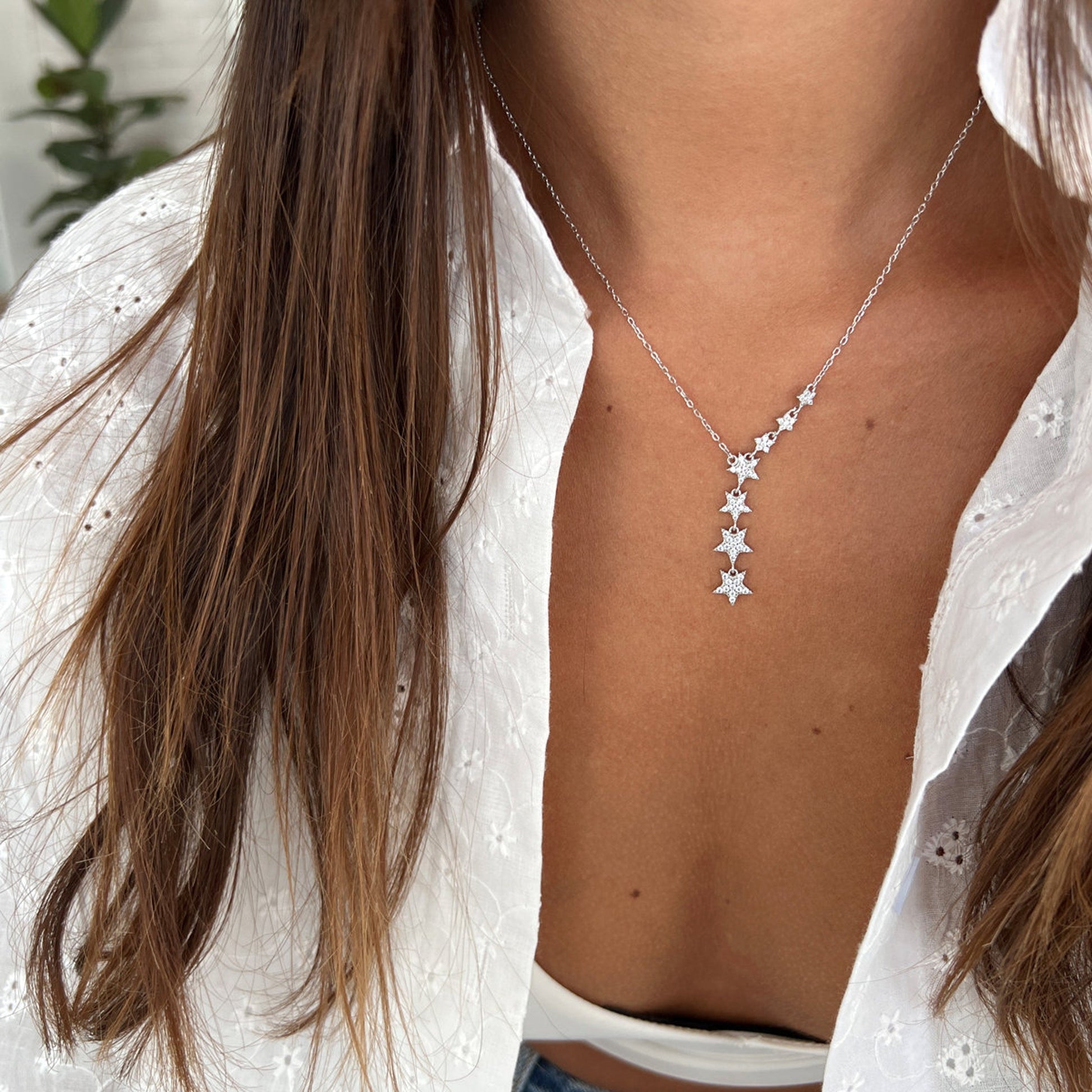 0.10 TCW Round Moissanite Star Lariat Necklace - farrellouise