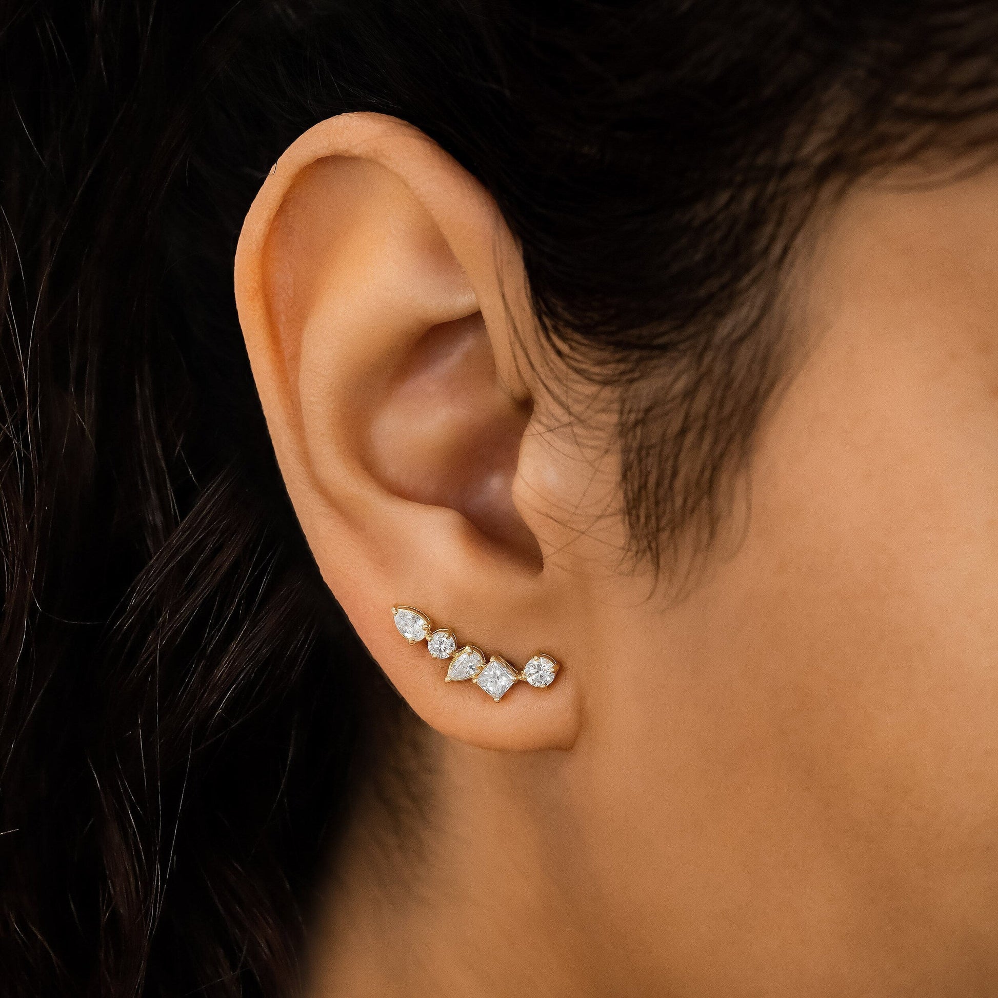 1.28 TCW Round, Princess & Pear Moissanite Diamond Ear Crawler Earrings - farrellouise